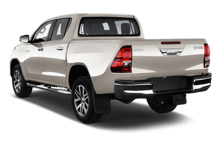 Silberner Pickup-Truck, Rückansicht, geparkt auf transparentem Hintergrund, hohe Ladefläche, Chromfelgen, klare Heckleuchten.