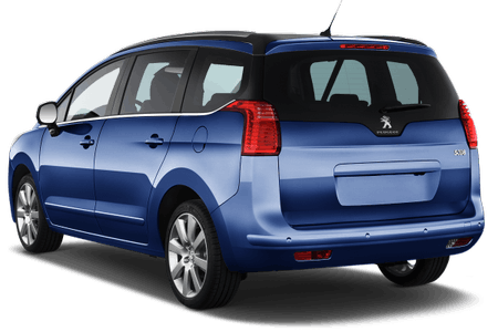 Blauer Kombi mit Peugeot-Logo, Rückansicht, modernes Design, glänzende Oberfläche, beleuchtete Rückleuchten.