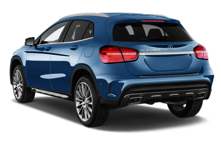 Blauer SUV von hinten, moderne LED-Rückleuchten, silberne Felgen, dynamisches Design, parkend auf transparentem Hintergrund.