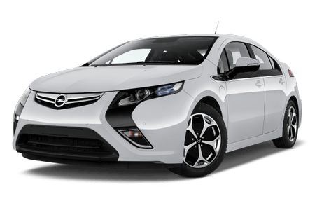 Weißer Opel Ampera, Elektroauto mit modernem Design, Frontansicht, geparkt auf weißem Hintergrund.