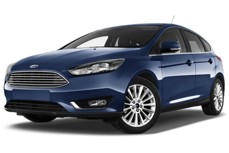 Blauer Ford Focus in Seitenansicht auf weißem Hintergrund, mit auffälligen Scheinwerfern, markantem Kühlergrill und silbernen Felgen.
