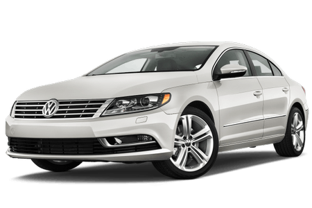 Weißer Volkswagen Passat CC, Frontansicht, auf transparentem Hintergrund. Moderne Limousine mit glänzendem Finish und Alufelgen.