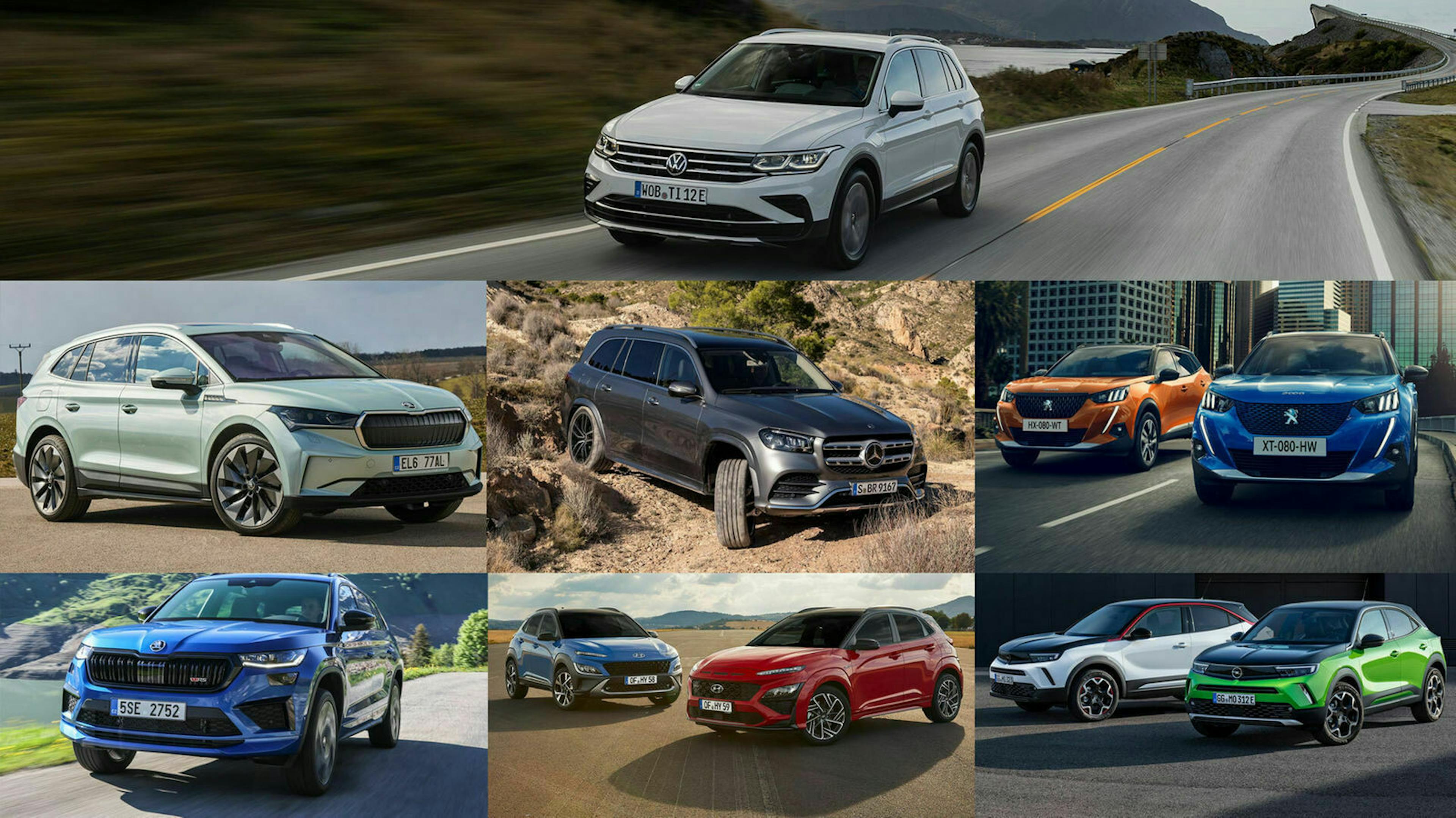 VW Tiguan, Skoda Enyaq, Mercedes GLS, Peugeot 2008, Skoda Kodiaq, Hyundai Kona und Opel Mokka in einer Collage 