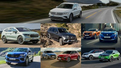 VW Tiguan, Skoda Enyaq, Mercedes GLS, Peugeot 2008, Skoda Kodiaq, Hyundai Kona und Opel Mokka in einer Collage 