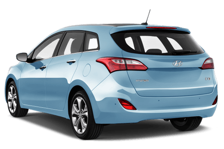 Blauer Hyundai i30 von hinten, zeigt das markante Heckdesign mit Rückleuchten und Heckklappe auf weißem Hintergrund.