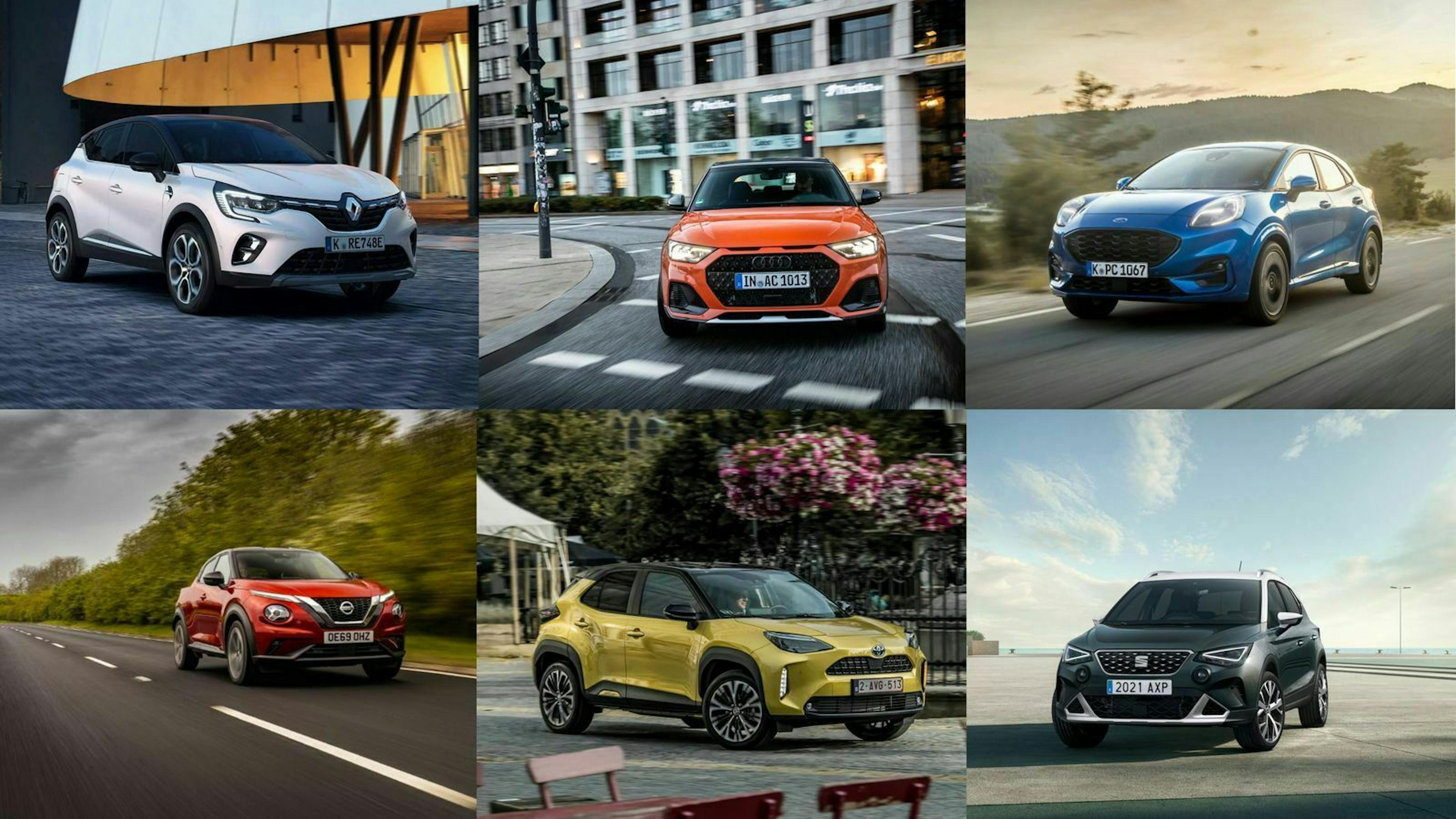 Fotomontage mit sieben verschiedenen PKWs der Kategorie Crossover verschiedener Automarken