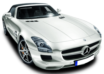 Weißer Sportwagen mit Mercedes-Benz-Stern auf der Motorhaube, seitlicher Lufteinlass, zweisitzig, schwarze Spiegel und Kühlergrill.