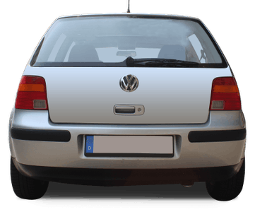 Rückansicht eines silbernen Volkswagen Polo mit deutschem Nummernschild, parkend auf einem neutralen Hintergrund.