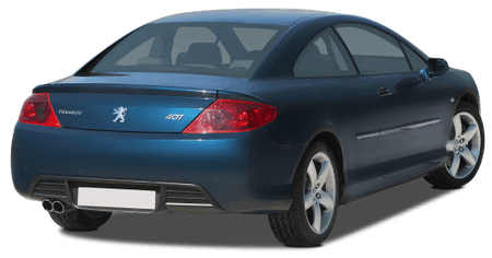 Blaues Peugeot 407 Coupé, hinten gesehen, mit stilvollem Design, klaren Rücklichtern und Doppelauspuffrohren.