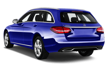 Blauer Kombi mit Mercedes-Logo, seitliche Rückansicht. Zwei Türen auf der linken Seite, silberne Felgen, LED-Rückleuchten, modelliert als C 300h.