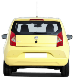 Gelber Kleinwagen, Rückansicht. Klares Design, sichtbare Rücklichter und Kennzeichenbereich. Fahrzeug auf weißem Hintergrund.