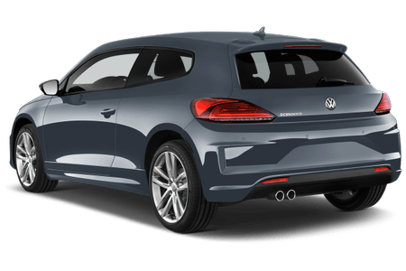 Grau-blauer Volkswagen Scirocco von hinten, sportliches Design, zwei Türen, markante Rücklichter, Doppel-Auspuffrohre.