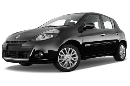 Schwarzer fünftüriger Kleinwagen mit eleganten Kurven und silbernen Felgen, parkend auf einem transparenten Hintergrund.