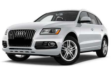 Weißer Audi-SUV, Frontansicht, mit charakteristischem Kühlergrill und LED-Scheinwerfern, auf weißem Hintergrund.