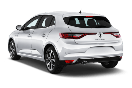 Weißer Renault Mégane von hinten, geparkt auf weißem Hintergrund, mit schlankem Design und markanten Rücklichtern.