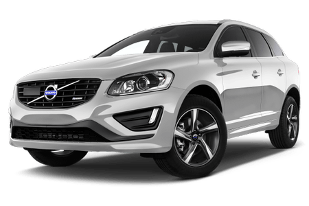 Silberner SUV von Volvo, Seitenansicht. Modernes Design, auffällige Scheinwerfer und markante Felgen.