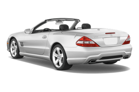 Silbernes Cabriolet mit offenem Verdeck von hinten, sportliches Design, zwei Sitze und sichtbare Auspuffrohre.