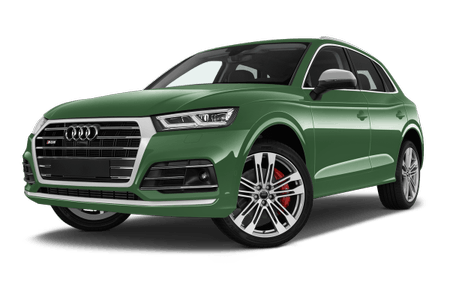 Grüner Audi SUV mit silbernen Felgen, Chromdetails und roter Bremsanlage, frontal seitlich von links abgebildet.