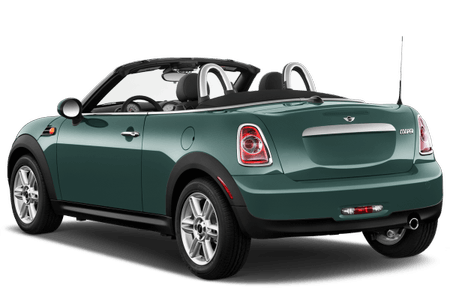 Grüner Mini Cabrio mit geöffnetem Verdeck, Seiten- und Heckansicht. Silberne Felgen, kompakte Bauweise, sportliches Design.