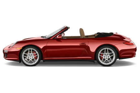 Roter Cabrio-Sportwagen, seitlich fotografiert, mit geöffnetem Verdeck. Aluminiumspeichenfelgen und braune Ledersitze sichtbar.