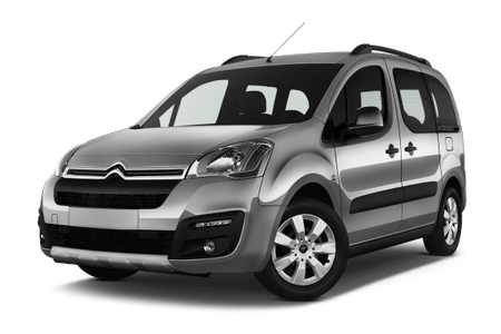 Silberner Citroën-Kombi mit schwarzen Akzenten, Frontansicht. Es hat breite Fenster und ein modernes Design.