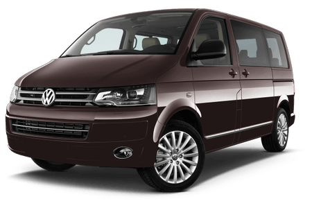 Dunkelbrauner VW Van mit glänzenden Leichtmetallrädern, seitliche und frontale Ansicht auf weißem Hintergrund.