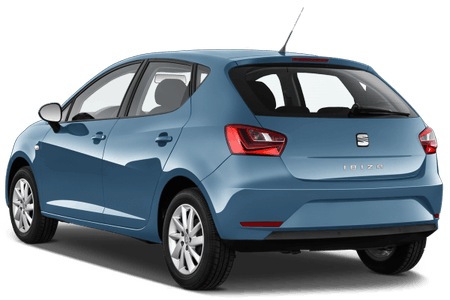 Blauer Kleinwagen von hinten, mit markanten Rückleuchten und Antenne auf dem Dach. Fahrzeug zeigt dynamisches Design.