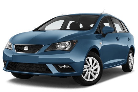 Blauer Kombi-Pkw, Blick von schräg vorne. Der Wagen hat fünf Türen, weiße Felgen und schwarze Seitenspiegel.