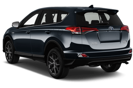 Schwarzer Toyota RAV4 SUV, Heckansicht, mit getönten Fenstern und modernen Leichtmetallfelgen auf weißem Hintergrund.