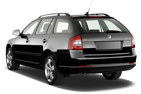 Schwarzer Kombi mit silbernen Akzenten, gesehen von hinten links. Er hat große Fenster und glänzende Felgen.