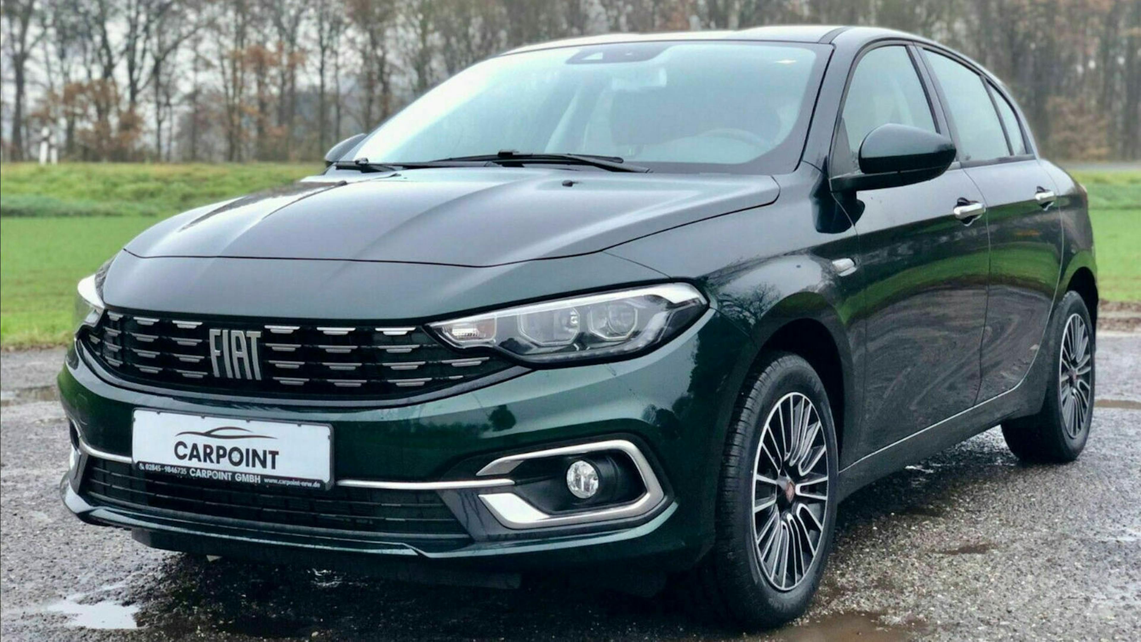 Ein schwarzer Fiat Tipo Kombi steht auf einem Parkplatz am Waldrand