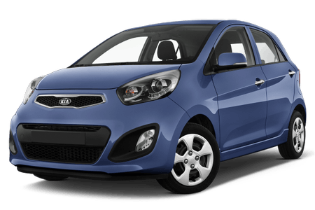 Blauer Kia Picanto Kleinwagen, seitliche Frontansicht, mit fünf Türen und silbernen Felgen auf weißem Hintergrund.