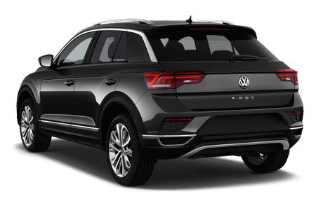 Dunkelgrauer Volkswagen T-Roc, Heckansicht. Fahrzeug steht auf weißem Hintergrund. Modernes SUV-Design mit markanten Leuchten.
