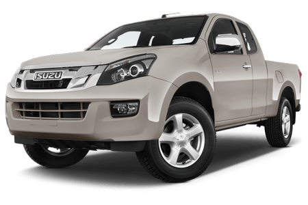 Beige Isuzu Pickup-Truck mit Doppelkabine, silbernen Felgen und klarem Himmel im Hintergrund.