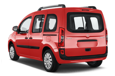 Roter Hochdachkombi mit getönten Fenstern, Rückleuchten und Dachgepäckträger, Heckansicht, geparkt auf weißem Hintergrund.