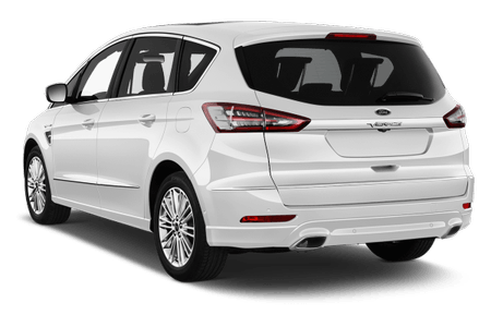 Weißer Minivan, Heckansicht, mit glänzenden Leichtmetallrädern und getönten Fenstern, auf transparentem Hintergrund.