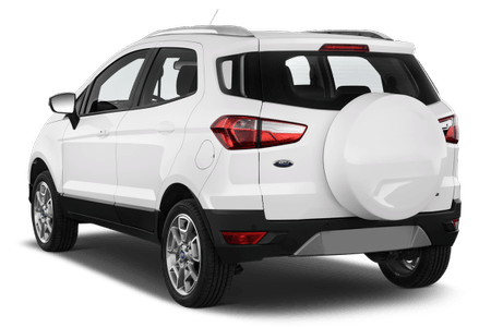 Weißes SUV mit Reserverad an der Heckklappe, Rückansicht, vor weißem Hintergrund.