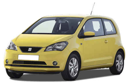 Gelber Kleinwagen mit zwei Türen, Frontansicht, markanter Kühlergrill, klare Scheinwerfer, auf einem transparenten Hintergrund.