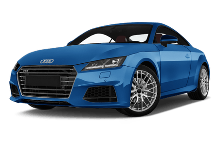 Blauer Sportwagen mit aerodynamischem Design, markanter Front und eleganten Alufelgen, auf weißem Hintergrund.