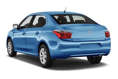 Blaues Citroën C-Elysée Auto, Ansicht von hinten rechts, geparkter Zustand, klare Linien und moderne Heckpartie.