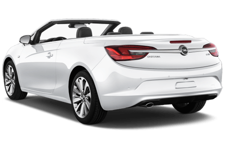 Weißes Cabriolet von hinten, mit offenem Verdeck. Sportliches Design und moderne Rückleuchten heben das Fahrzeug hervor.