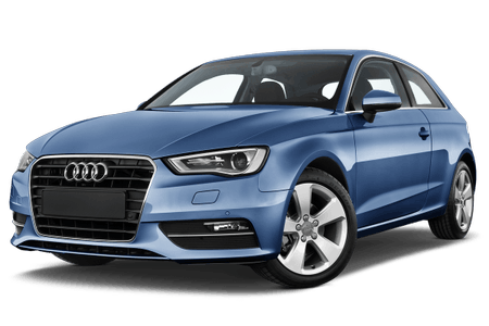 Blauer Audi A3 mit silbernen Felgen, stehend auf weißem Hintergrund. Vorderansicht zeigt Scheinwerfer und Kühlergrill.