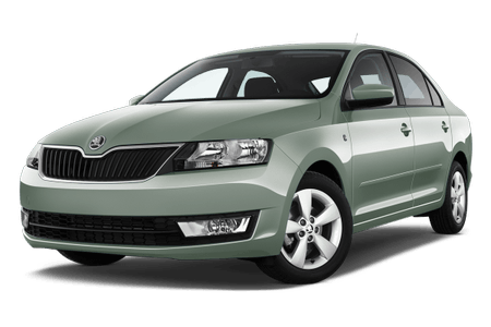 Silberner Skoda Rapid Limousine vor weißem Hintergrund, seitliche Ansicht. Elegantes Design mit markanter Front und modernen Scheinwerfern.
