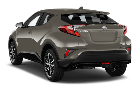 Grauer Toyota C-HR SUV, Heckansicht. Modernes Design, auffällige Rückleuchten und aerodynamische Linien.