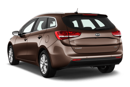 Brauner Kombi von Kia, Heckansicht. Elegantes Design mit klaren Linien und glänzender Lackierung.