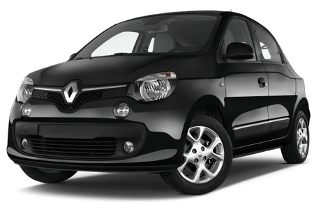 Schwarzer Kompaktwagen mit Renault-Logo, glänzende Oberfläche, fünf Türen und silberne Felgen, auf weißem Hintergrund.