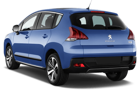 Blauer Peugeot 3008 von hinten, in einem Studio aufgenommen. Das Auto hat fünf Türen und ist auf einem weißen Hintergrund zu sehen.