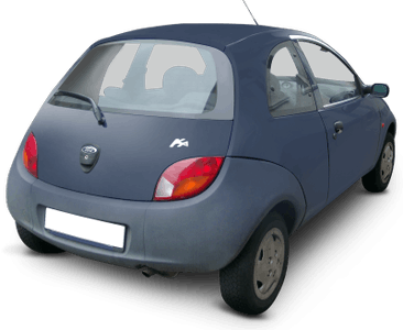 Ein blauer, kompakter Ford Ka von hinten fotografiert. Man sieht Rücklichter, Hinterrad und Heckscheibe.