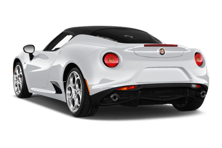 Weißer Sportwagen mit geschwungenem Design und runden Rücklichtern, Heckansicht. Das Auto steht still und der Hintergrund ist transparent.