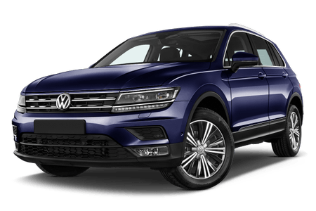 Blauer VW Tiguan SUV in seitlicher Frontansicht, parkend auf weißem Hintergrund.